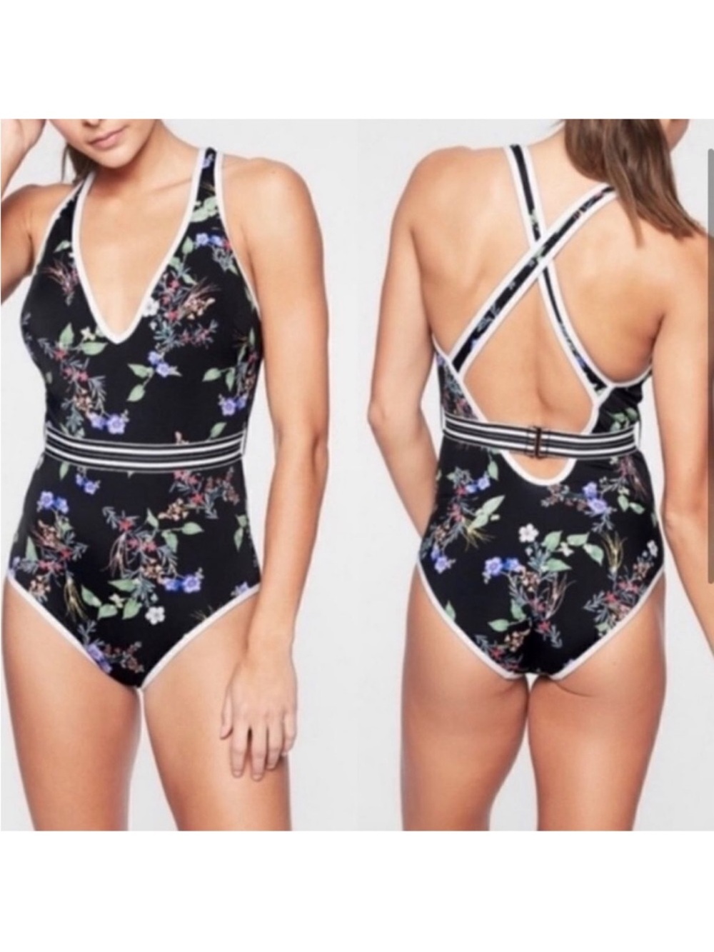 Athleta Gold Coast Floral Black One-Piece Swimsuit with White Trim XL